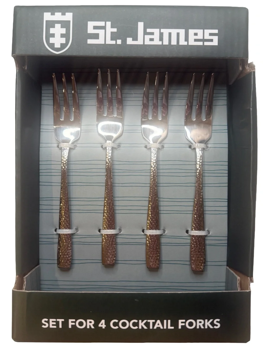 St. James Masonry Hammered Cocktail Forks Set of 4 Stainless Steel Luxury NWT